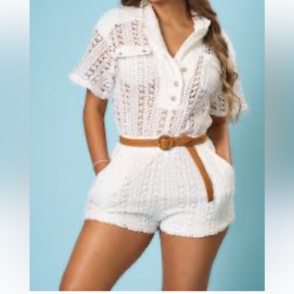 AKIRA Ivory Textured Short Sleeve Crochet Romper - Picture 11 of 12